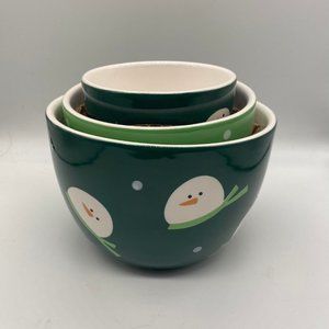 $$ SOLD $$ 3 Green Ceramic Christmas  Nesting Bowls with Snowmen and Polar Bears